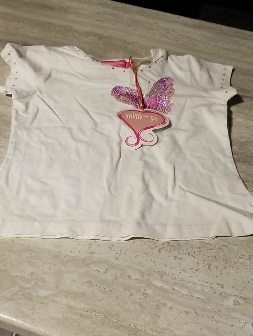 Mim-Pi White Short Sleeve Tee with Pink Sequin Butterfly Size 104